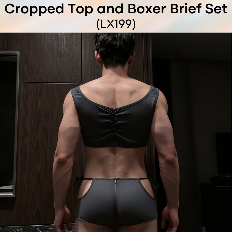 Men's Boxer: Polyester Gray Crop Top and Zipper Boxer Brief Set (LX199)