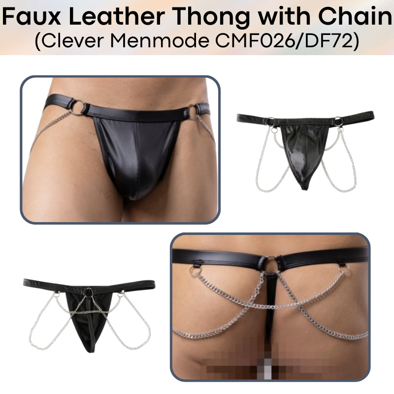 Men's Thong: Polyester Faux Leather Thong with Chain Accessory Underwear (CMF026/DF72)