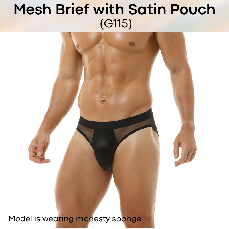 Men's Brief: Polyester Mesh See Through Brief with Satin Pouch Underwear (G115)