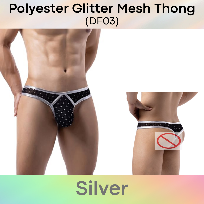 Men's Thong: Polyester Mesh Thong with Glittery Embellishment and Faux Leather Trimmings (DF03)