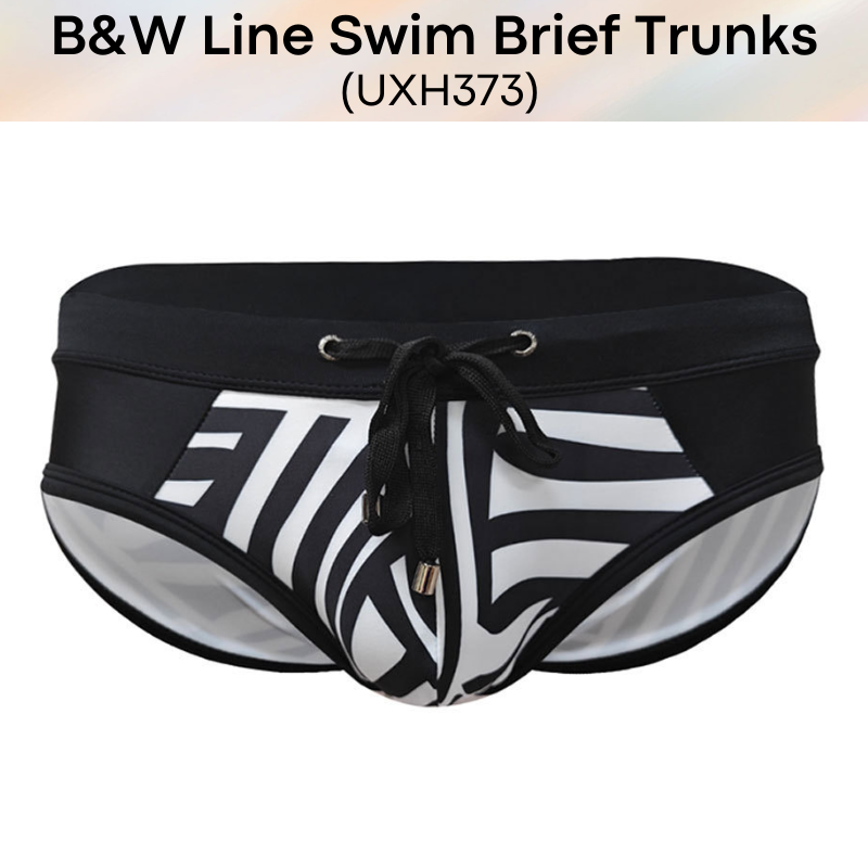Men's Swim Trunks: Polyester B&W Irregular Line Print Swim Brief Trunks with Drawstring (UXH373)
