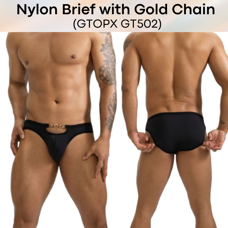 Men's Brief: Nylon Brief with Gold Metal Chain Accessory (GT502)