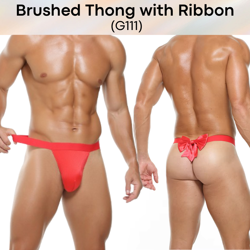 Men's Thong: Polyester Metallic Brushed Pouch with Rear Removable Ribbon Thong Underwear (G111)