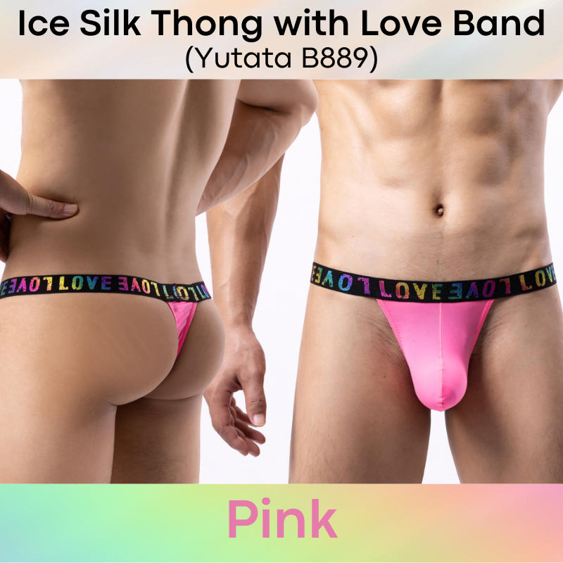 Men's Thong : Polyester Ice Silk Thong with Love Waistband (Yutata B889)