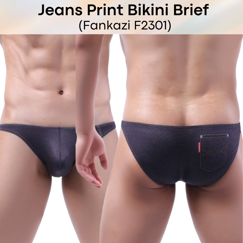 Men's Brief: Polyester Jeans Print Bikini Brief Underwear (F2301)