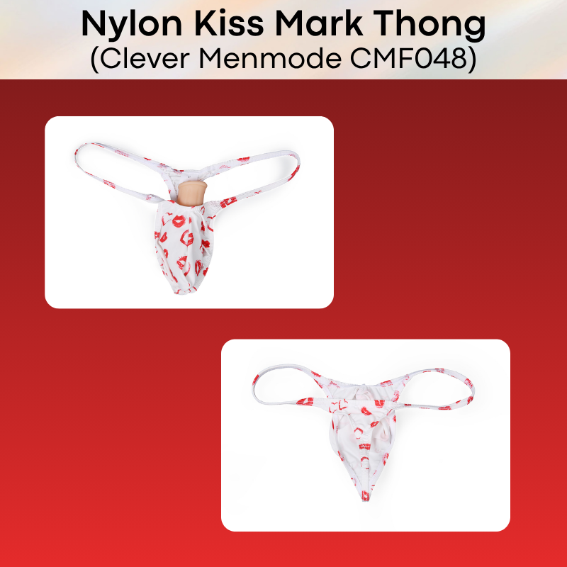 Men's Thong: Nylon Kiss Mark Print Low Waist Thong Underwear (CMF048)