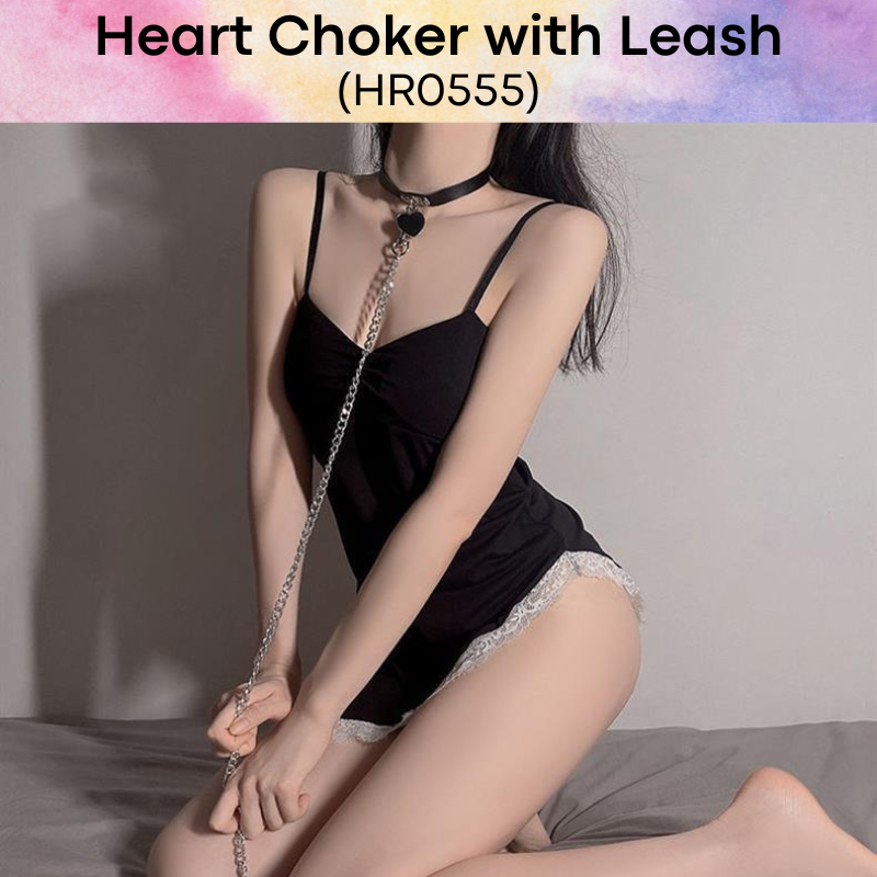 Unisex Choker: PU Heart Choker with Hand Leash for Roleplay (HR0555)