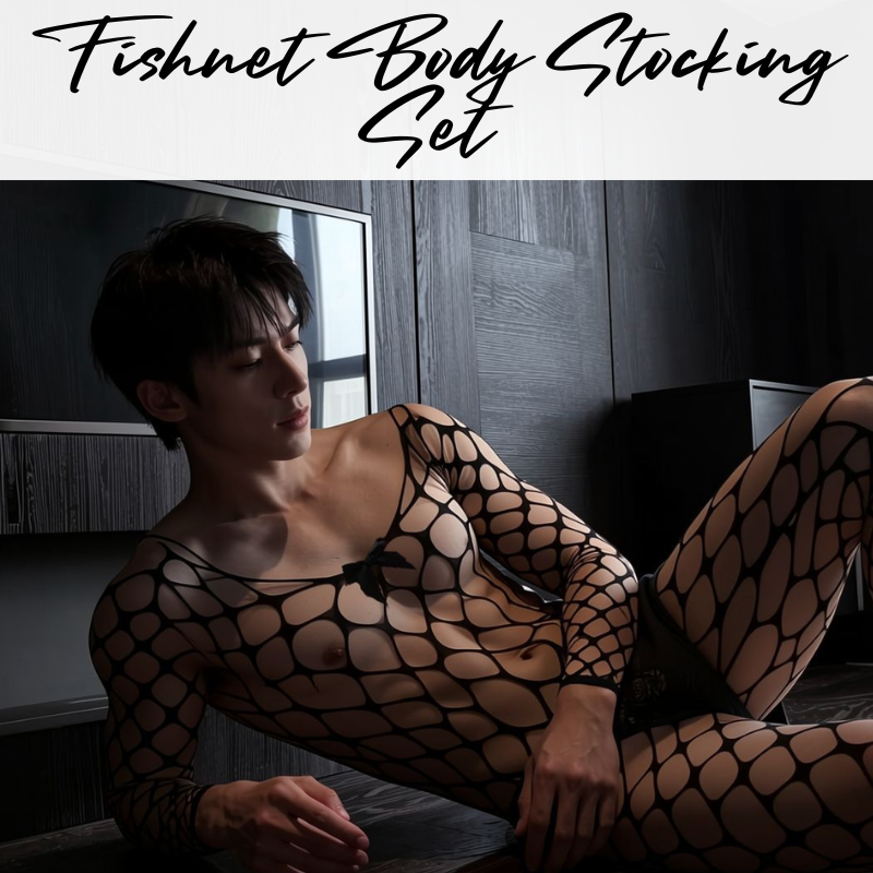 Unisex Underwear: Polyester Fishnet Web Body Stocking with Mesh GString Underwear and Blindfold Set (LX169)