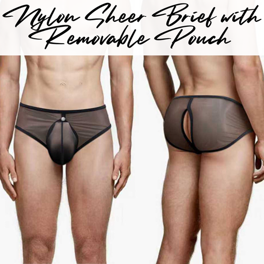 Men's Brief: Nylon Sheer Brief with Removable Pouch and Rear Mid Split Opening (OR6418)