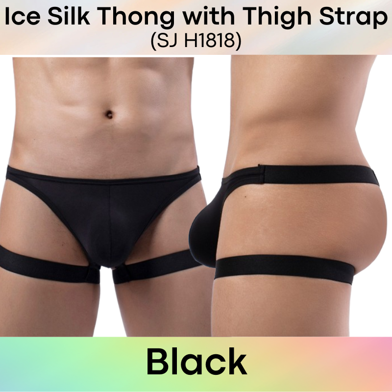 Men's Thong : Nylon Ice Silk Thong with Thigh Strap (SJ H1818)