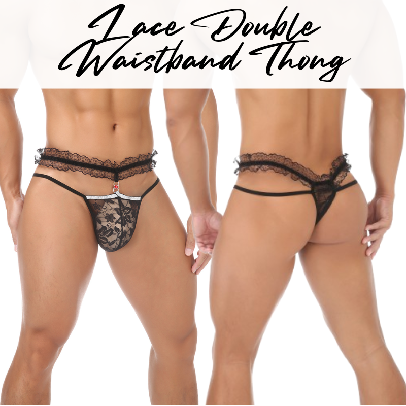 Men's Thong: Polyester Floral Lace Double Waistband Thong Underwear (CMF101)