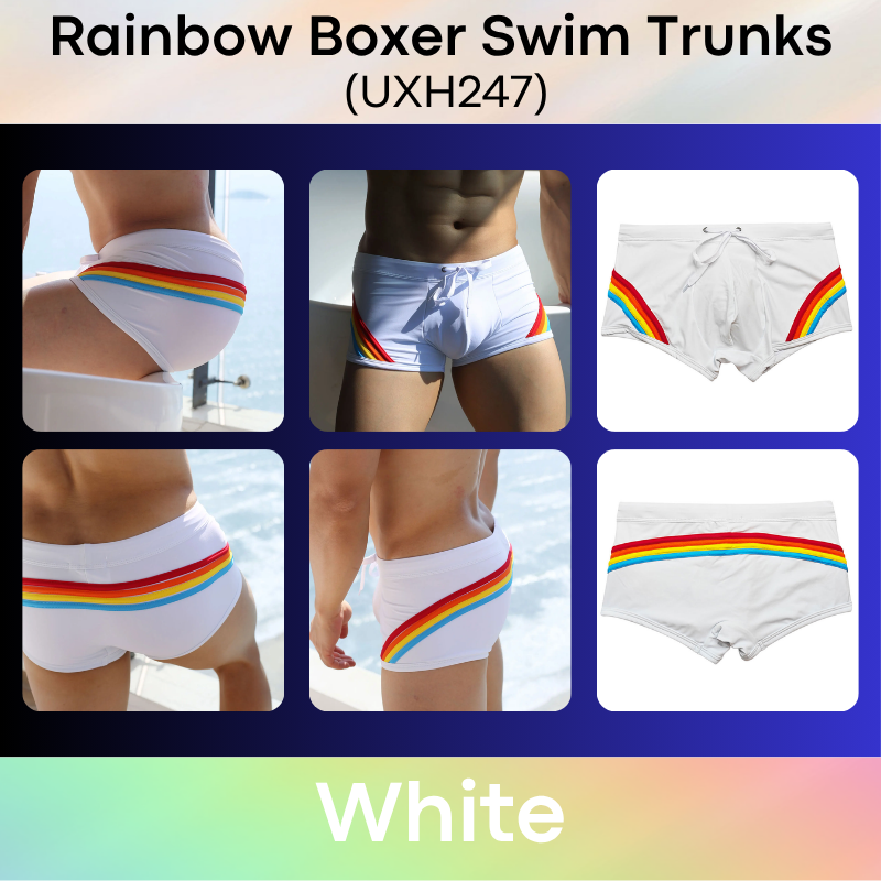 Men's Swim Trunks: Polyester Rainbow Sewn-on Boxer Brief Swimming Trunks (UXH247)