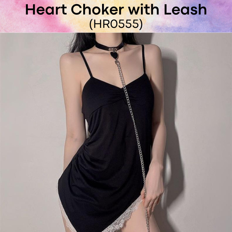 Unisex Choker: PU Heart Choker with Hand Leash for Roleplay (HR0555)