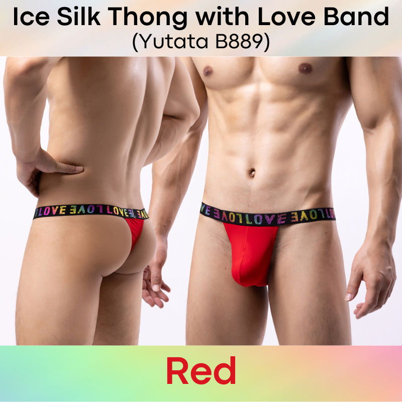 Men's Thong : Polyester Ice Silk Thong with Love Waistband (Yutata B889)