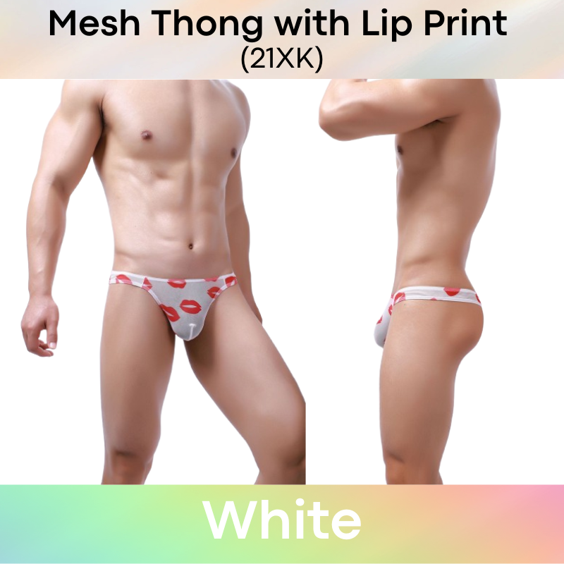 Men's Thong : Polyester Mesh Thong with Lip Print (21XK)