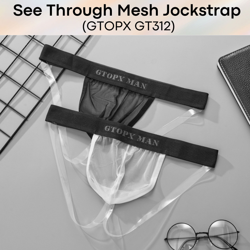 Men's Jockstrap: Nylon See Through Mesh with Transparent Plastic Thigh Strap Underwear (GT312)