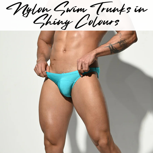 Men's Swimwear: Nylon Bikini Drawstring Swimming Trunks with 3D Convex Pouch Strip in Shiny Colours (S2104)