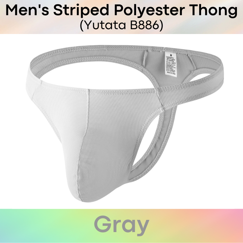 Men's Thong : Striped Pattern Polyester Thong with Close to Skin Front Large Pouch (Yutata B886)