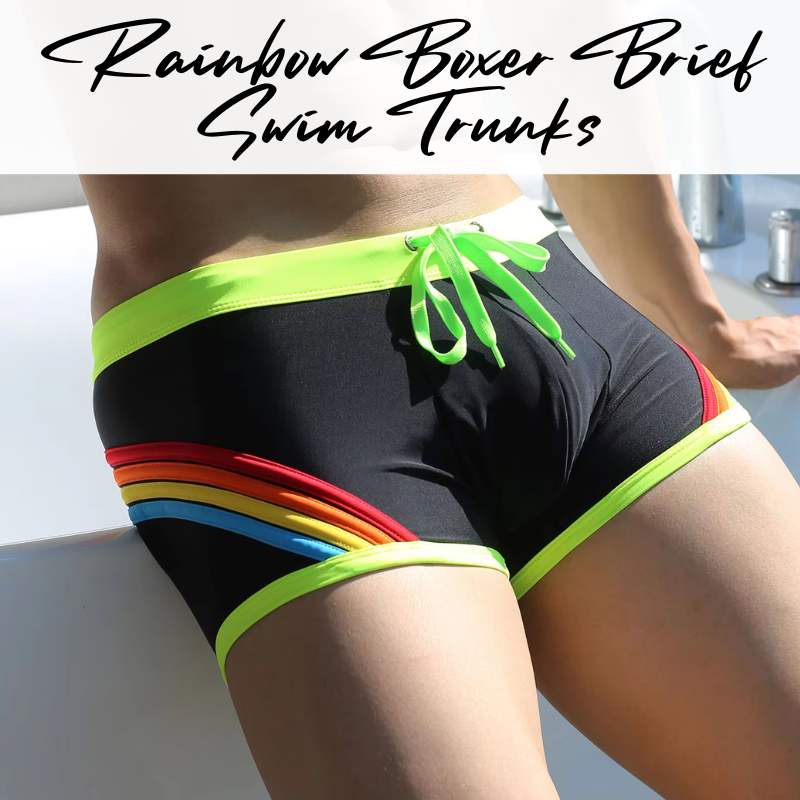 Men's Swim Trunks: Polyester Rainbow Sewn-on Boxer Brief Swimming Trunks (UXH247)