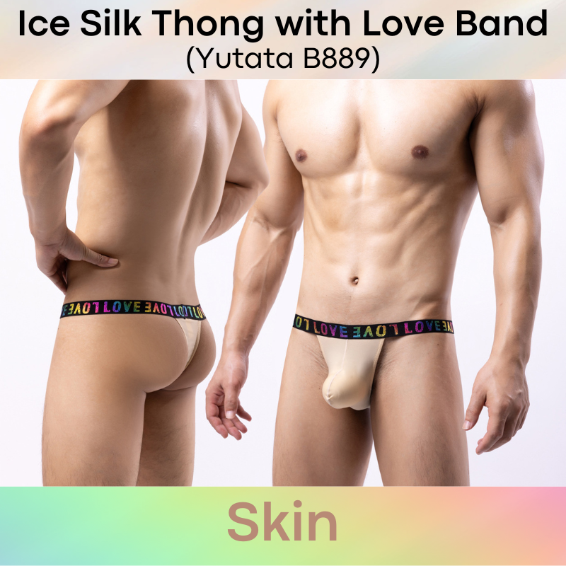 Men's Thong : Polyester Ice Silk Thong with Love Waistband (Yutata B889)