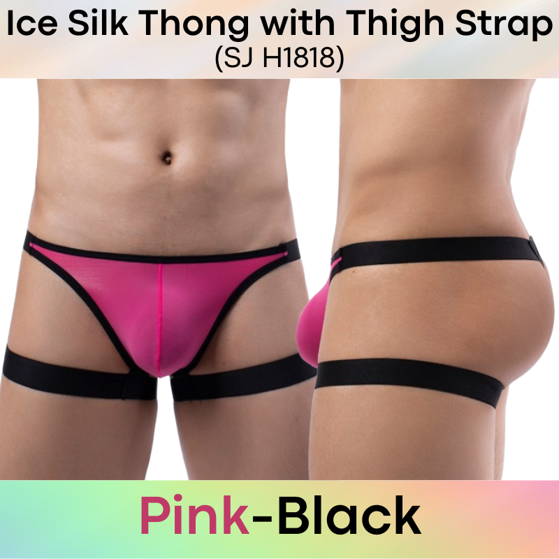 Men's Thong : Nylon Ice Silk Thong with Thigh Strap (SJ H1818)