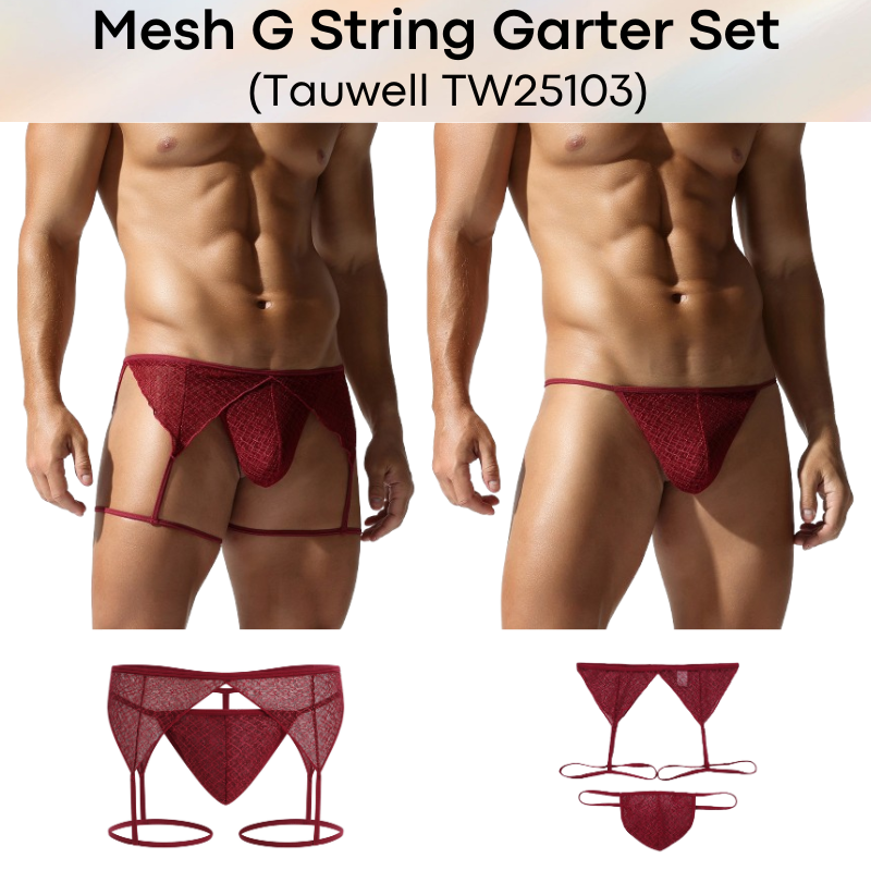 Men's GString: Polyester Mesh Lace GString Garter Set (TW25103)