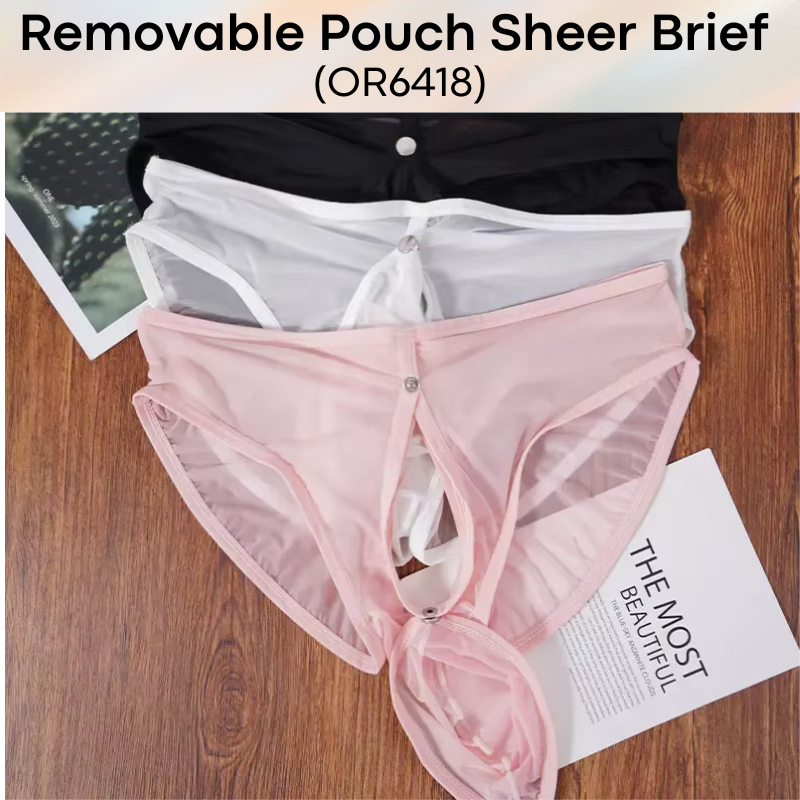 Men's Brief: Nylon Sheer Brief with Removable Pouch and Rear Mid Split Opening (OR6418)