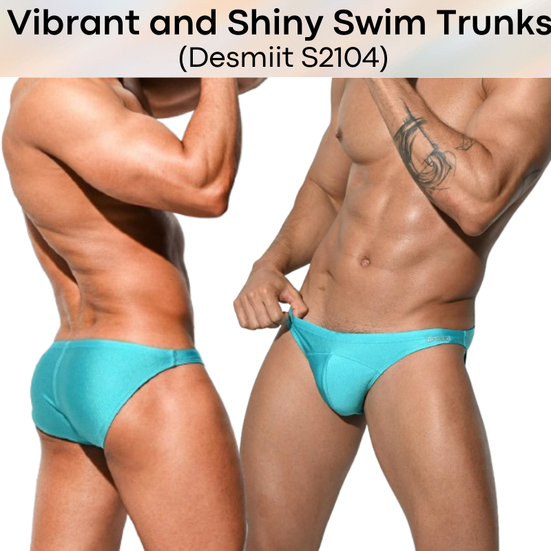 Men's Swimwear: Nylon Bikini Drawstring Swimming Trunks with 3D Convex Pouch Strip in Shiny Colours (S2104)