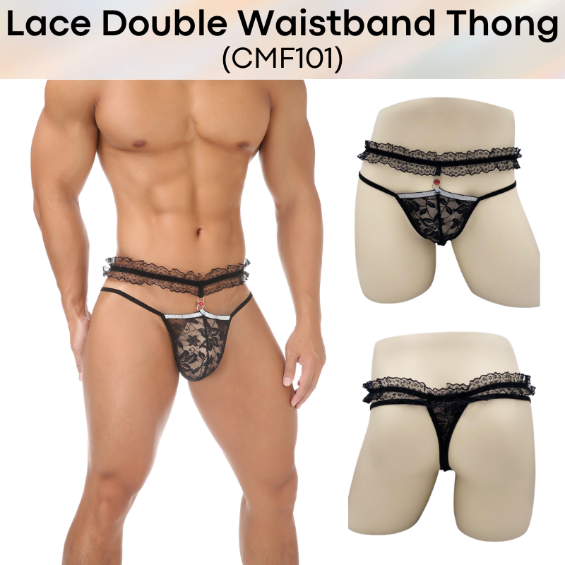 Men's Thong: Polyester Floral Lace Double Waistband Thong Underwear (CMF101)