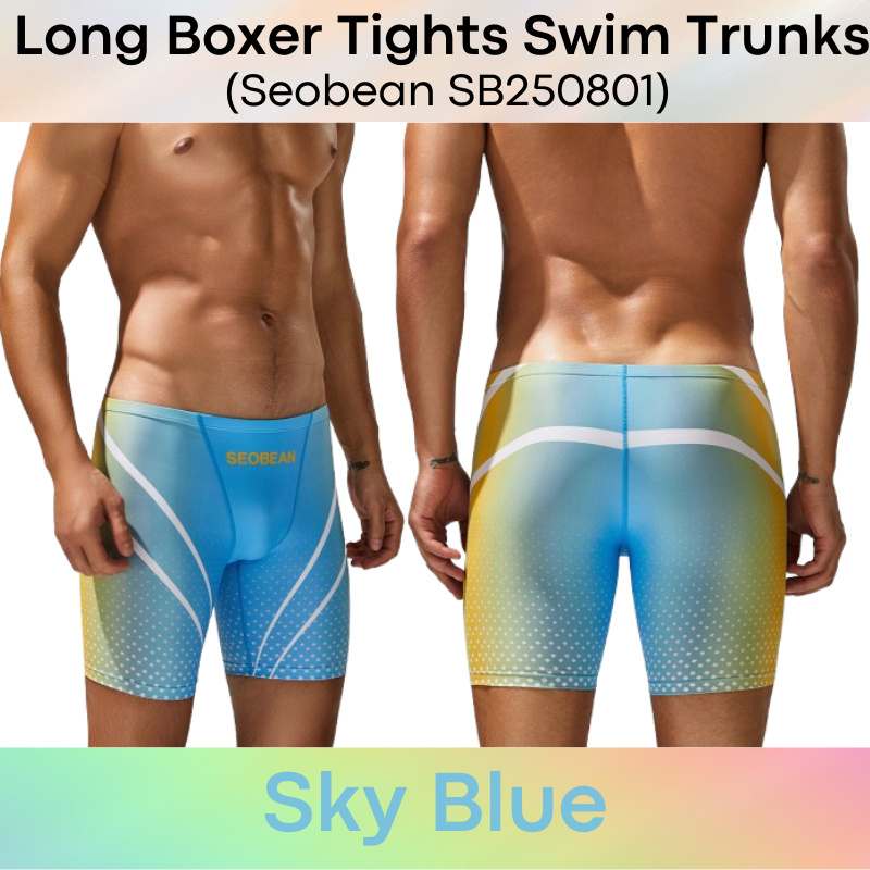 Men's Swim Trunks : Polyester Low Waist Long Boxer Tights Swim Trunks with Gradient Colour Print (Seobean SB250801)