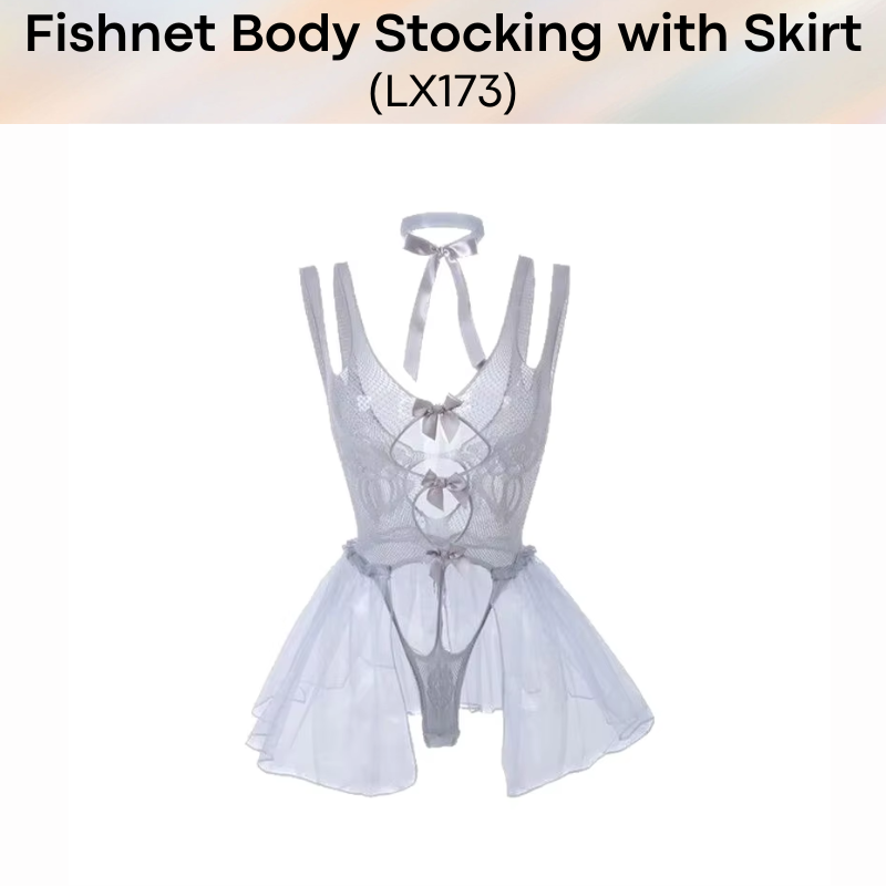 Unisex Underwear: Polyester Gray Bodysuit with Open Front Mini Skirt and Thong Underwear Set (LX173)