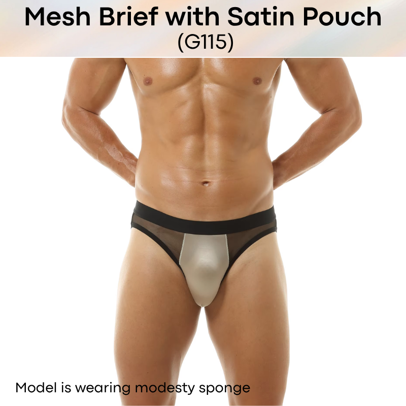 Men's Brief: Polyester Mesh See Through Brief with Satin Pouch Underwear (G115)