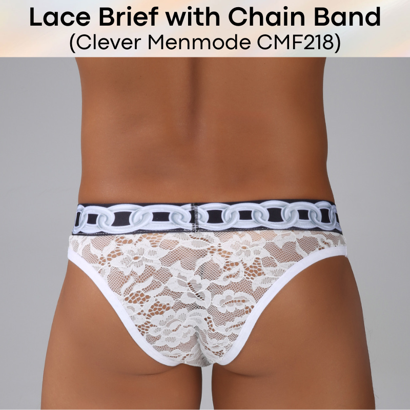 Men's Brief: Floral Lace with Chain Print Waistband Half Brief Underwear (CMF218)