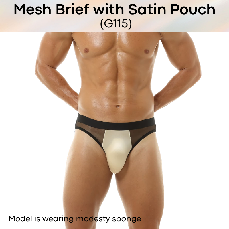 Men's Brief: Polyester Mesh See Through Brief with Satin Pouch Underwear (G115)