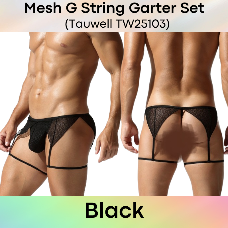 Men's GString: Polyester Mesh Lace GString Garter Set (TW25103)