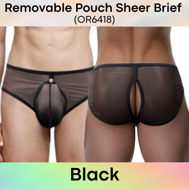 Men's Brief: Nylon Sheer Brief with Removable Pouch and Rear Mid Split Opening (OR6418)