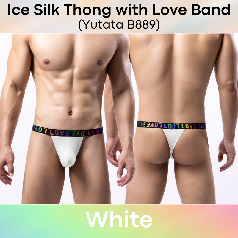 Men's Thong : Polyester Ice Silk Thong with Love Waistband (Yutata B889)