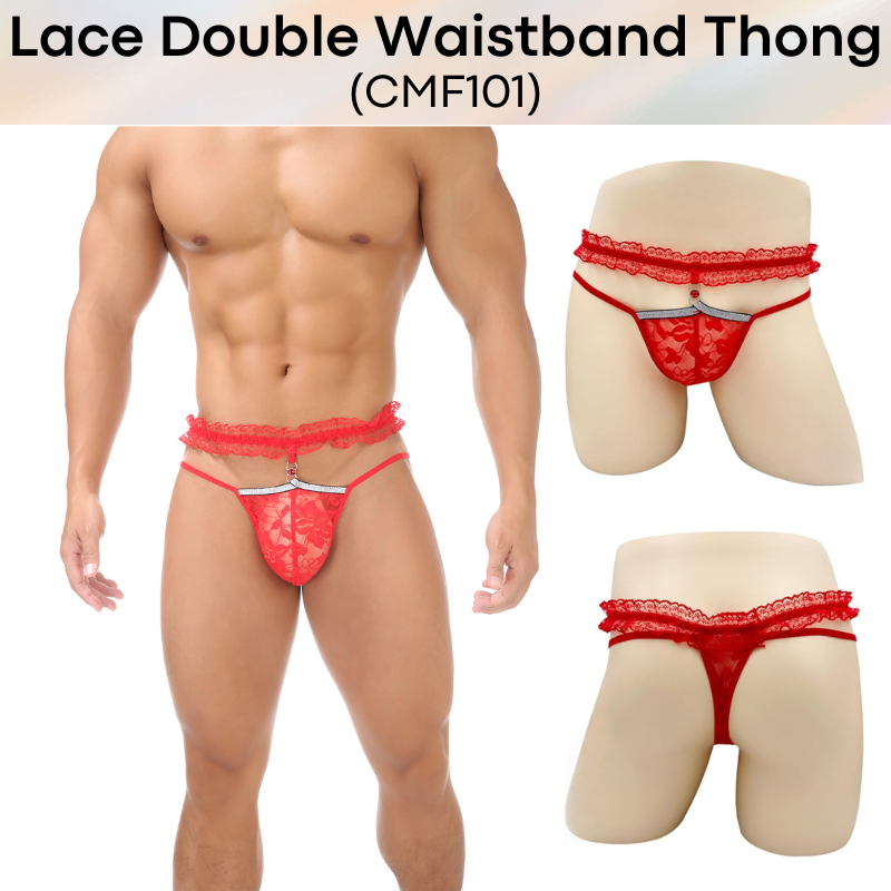 Men's Thong: Polyester Floral Lace Double Waistband Thong Underwear (CMF101)