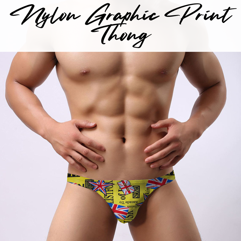 Men's Thong: Nylon Graphic Print Low Waist T Back Thong Underwear (AD7301)