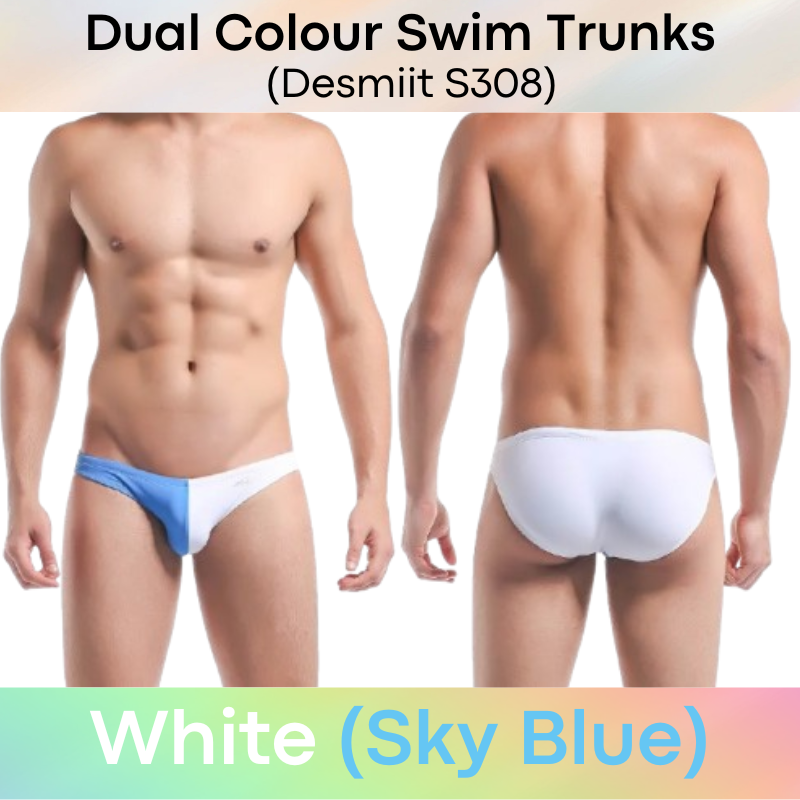 Men's Swimwear: Nylon Bikini Style Swimming Trunks with Symmetrical, Dual Colour Design and Drawstring (S308)