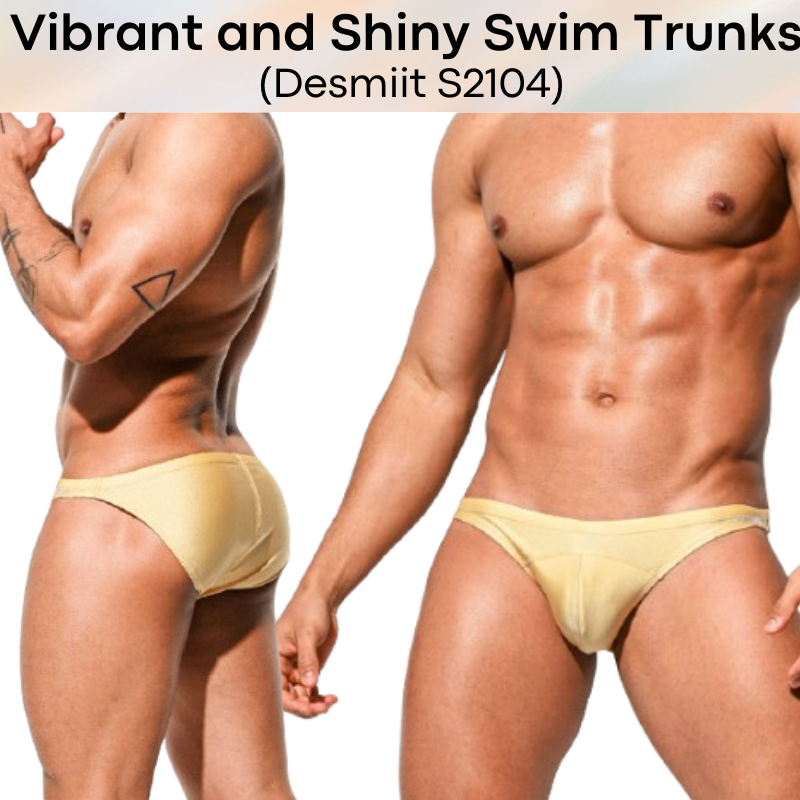 Men's Swimwear: Nylon Bikini Drawstring Swimming Trunks with 3D Convex Pouch Strip in Shiny Colours (S2104)
