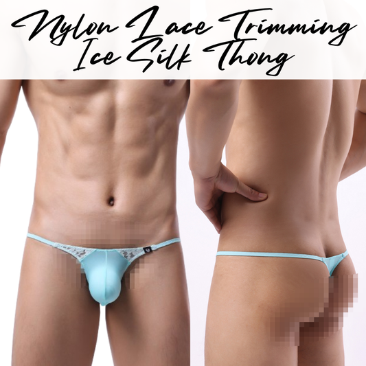 Men's Thong: Nylon Ice Silk 3D Convex Pouch with Lace Trimmings (UMQ004)