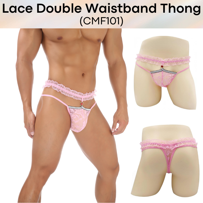 Men's Thong: Polyester Floral Lace Double Waistband Thong Underwear (CMF101)