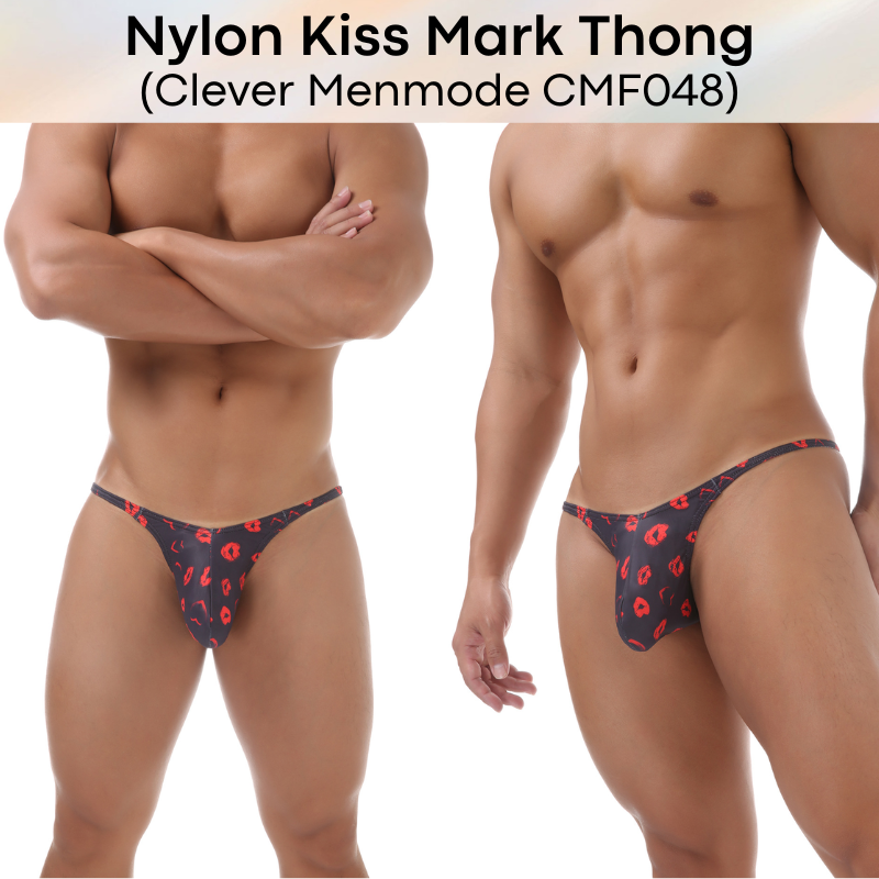 Men's Thong: Nylon Kiss Mark Print Low Waist Thong Underwear (CMF048)
