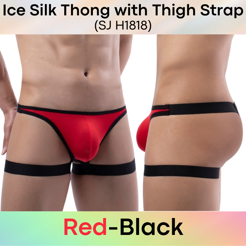 Men's Thong : Nylon Ice Silk Thong with Thigh Strap (SJ H1818)