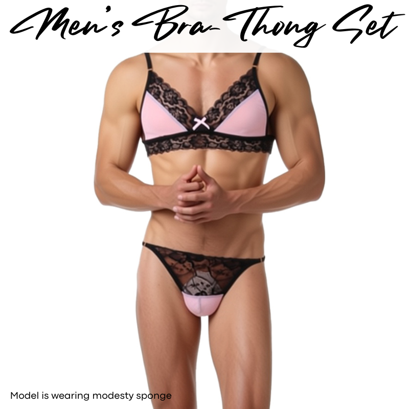 Men's Thong: Nylon Lace-Mesh Chest Bra and Thong Underwear Set (CMF006)