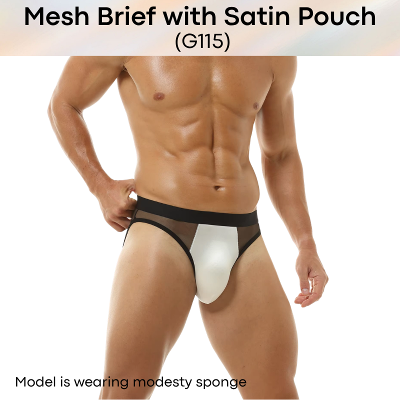 Men's Brief: Polyester Mesh See Through Brief with Satin Pouch Underwear (G115)