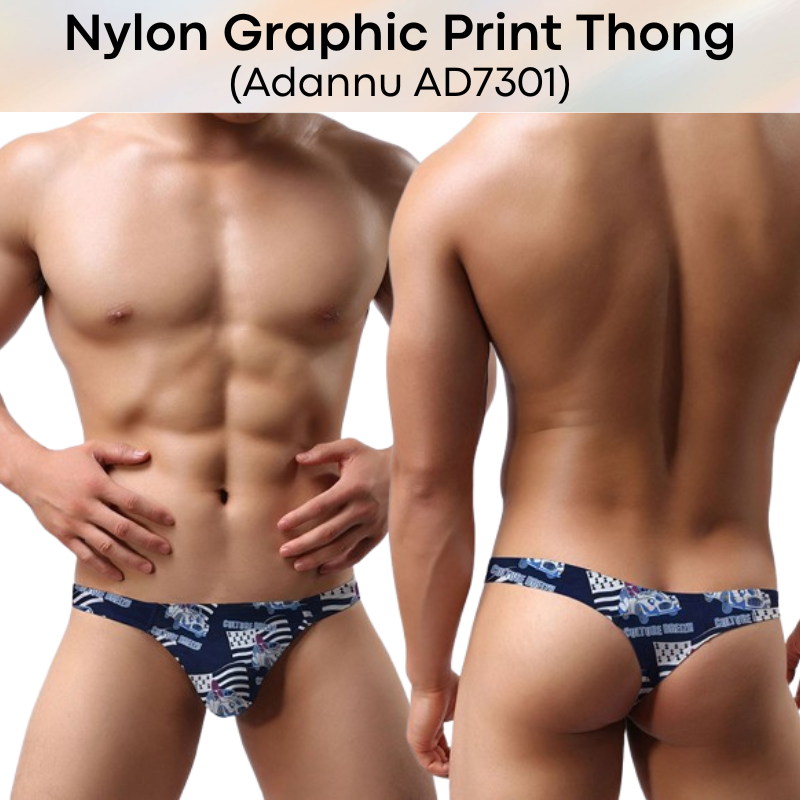 Men's Thong: Nylon Graphic Print Low Waist T Back Thong Underwear (AD7301)