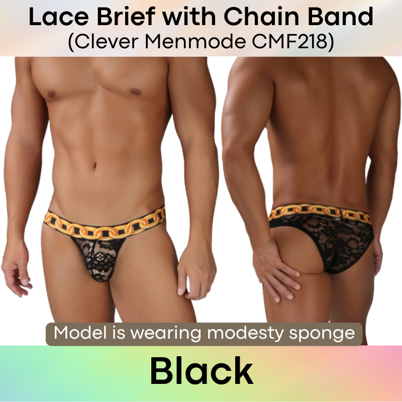 Men's Brief: Floral Lace with Chain Print Waistband Half Brief Underwear (CMF218)