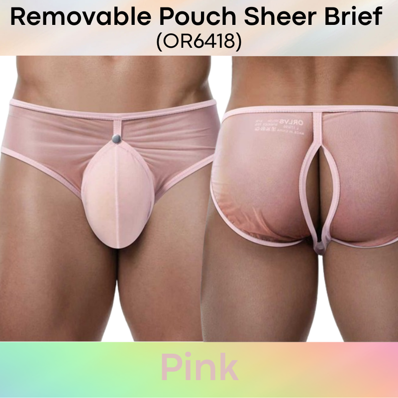 Men's Brief: Nylon Sheer Brief with Removable Pouch and Rear Mid Split Opening (OR6418)